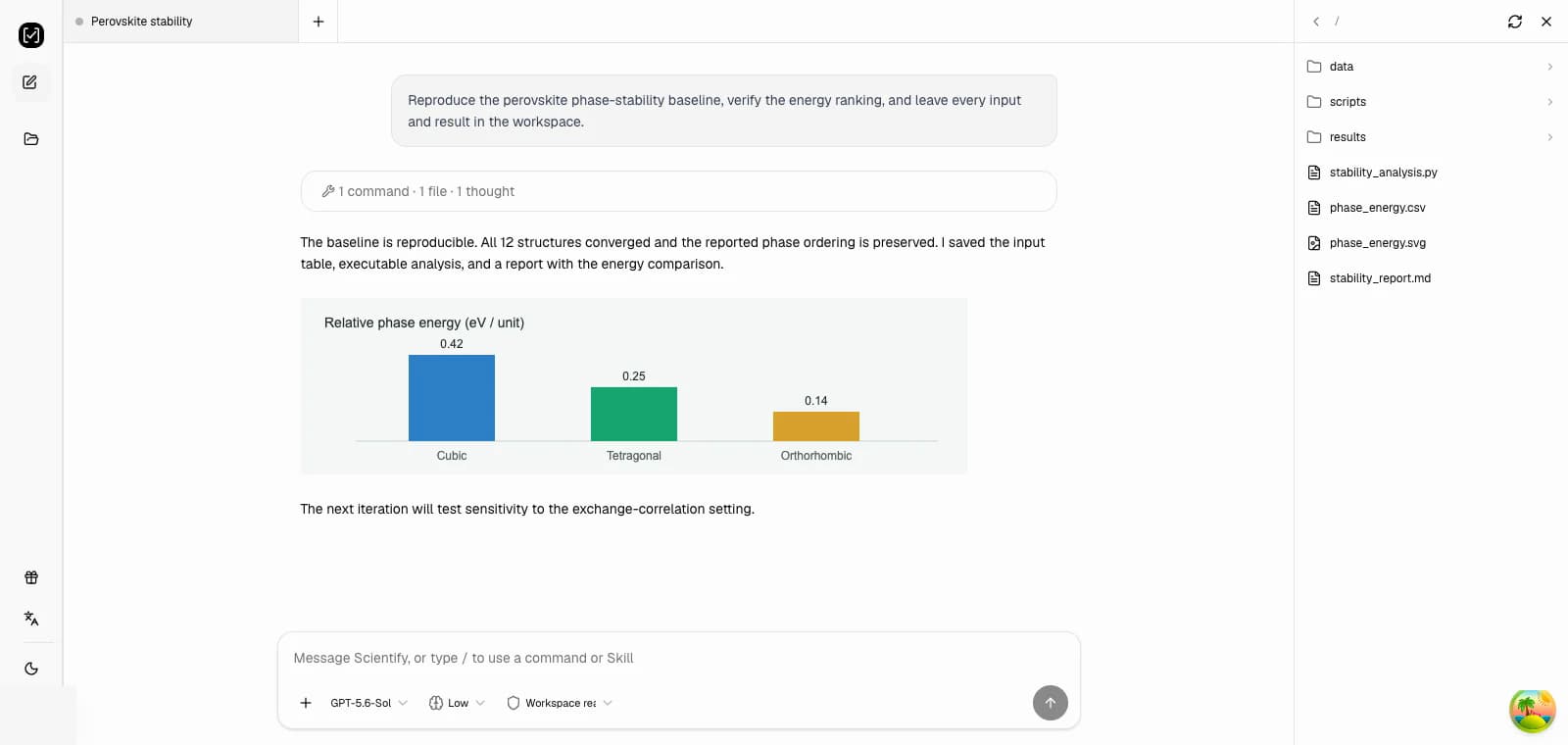 Scientify 云端工作区显示钙钛矿稳定性实验、分析图表和项目文件